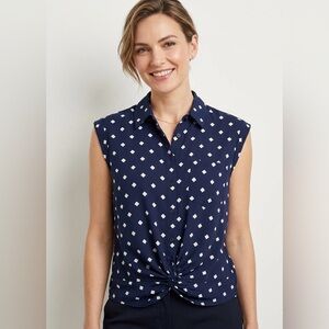 Soft Surroundings Diamond Print Sleeveless Button Front Twist Knot Blouse